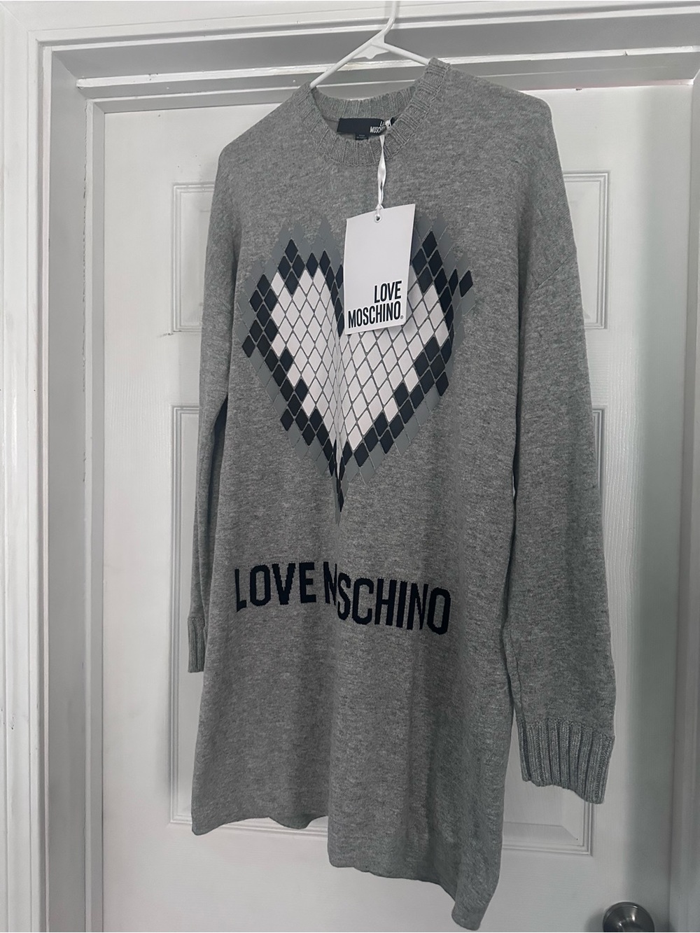 Love Moschino Gray Sweater Dress with Argyle Heart